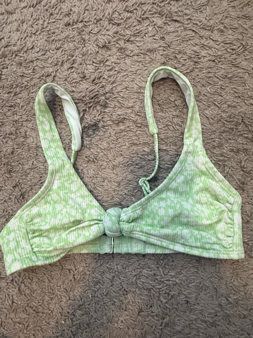 Green Tie-Front Ribbed Bralette Bikini Top